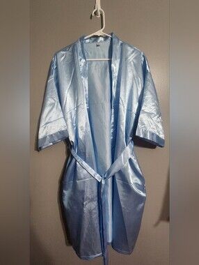 Light Blue Satin Mid Length Robe for Women - Classic Wrap